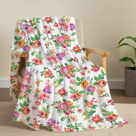 Floral Blanket Watercolor Flowers Blanket Vintage Colorful Peony Throw Blanket Flannel Fleece Throw Blanket Soft Cozy Throw Blanket for Couch Sofa Bed, 50"×60"