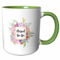 3drose, Floral Blessed Yiayia Pretty Watercolor Pink Flowers Yia Yia Love, 11oz Two-tone Green Mug