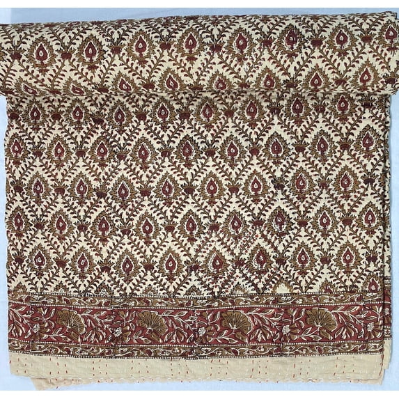Floral Block Print Indian Kantha Bed Cover Hand Stitched Pure Cotton Artisan Made Indian Home Decor