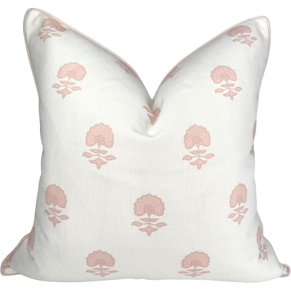 Floral Block Print Pillow Cover Blush Pink and Off-White with Light Pink Piping 20" x 20"