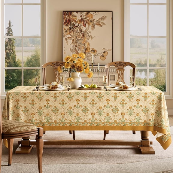 Floral Block Print Tablecloth Square, Farmhouse Linen Orange Table Cloth Heavy Weight Washable Table Cover for Spring Dining Party, 55x55''