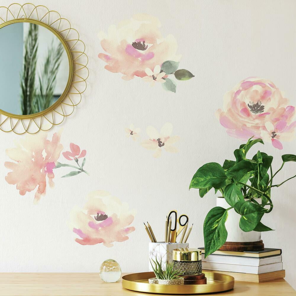 Floral Blooms Pink and Green Vinyl Peel and Stick Wall Decals