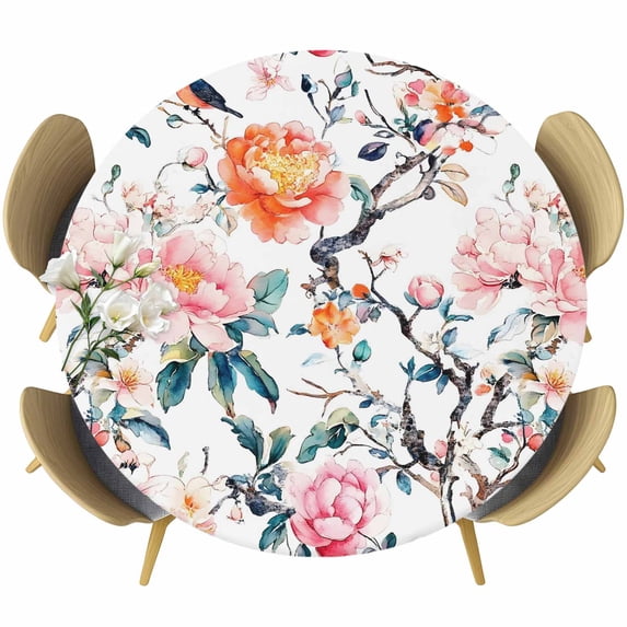 Floral Blossom Round Tablecloth 55-60 Inch Round Fitted Table Cloth with Elastic Edge, Farmhouse Oil Painting Botanical Bird Waterproof Table Cover Protector for Outdoor Picnic Party Dining