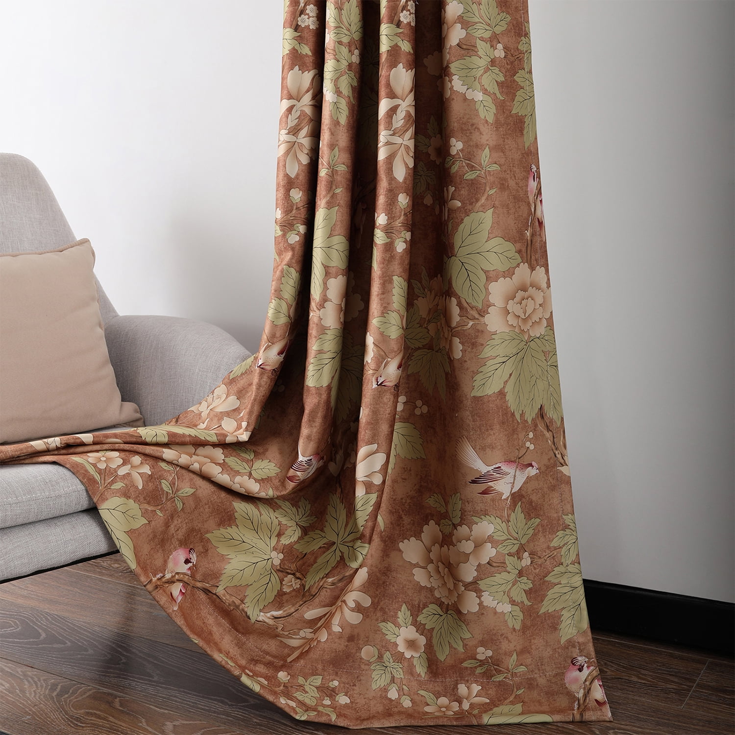 VOGOL Floral Blossoming Blackout Window Curtains, Grommet Heavy and Soft Energy Efficient Thermal Insulate Drapes for Bedroom Living Room, 2 Panels, 52x84 Inch, Brown