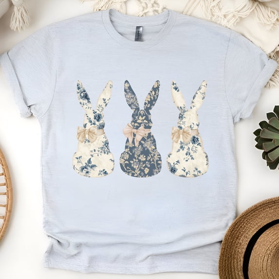 Floral Blue Bunny T-Shirt Cute Bow Crewneck, Trendy Bunny Women's T-Shirt, Gift for Her, Ash, Size S