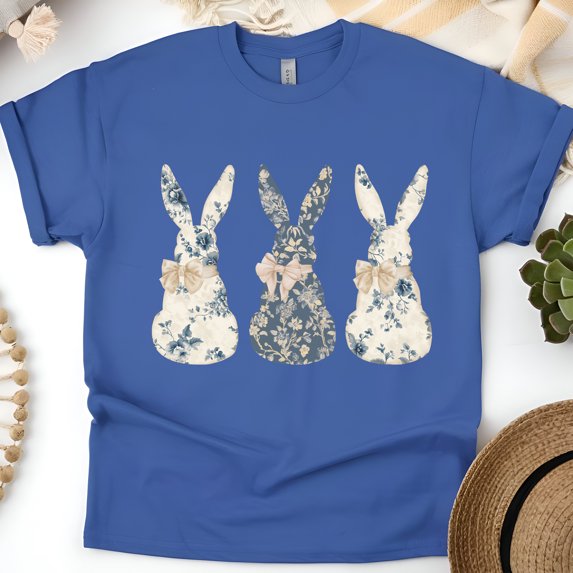 Floral Blue Bunny T-Shirt Cute Bow Crewneck, Trendy Bunny Women's T-Shirt, Gift for Her, Royal, Size M