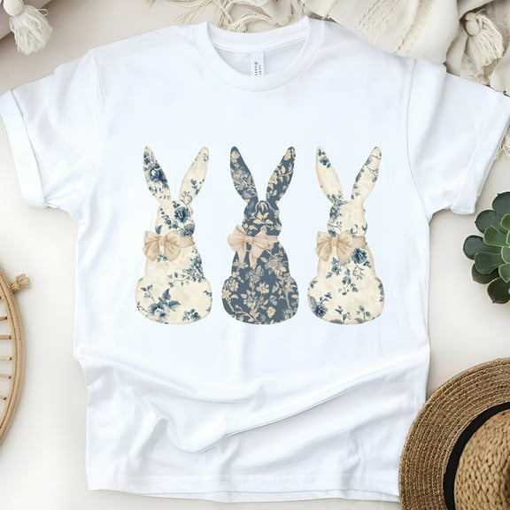 Floral Blue Bunny T-Shirt Cute Bow Crewneck, Trendy Bunny Women's T-Shirt, Gift for Her, White, Size L
