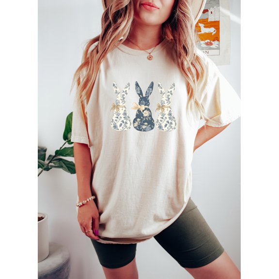 Floral Blue Bunny T-Shirt, Cute Easter Bow Crewneck, Trendy Bunny Womens T-Shirt, Coquette