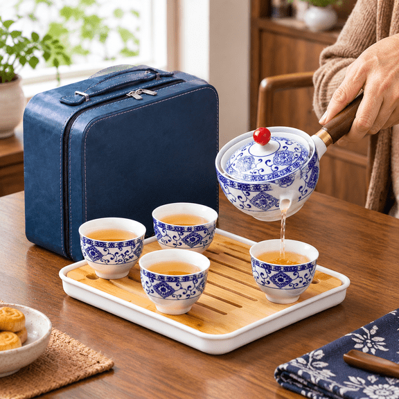 Floral Blue Porcelain Gongfu Tea Set with 360 Rotation, Infuser and Travel Leather Bag