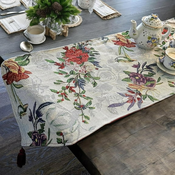 Floral Blue Roses Tapestry Table Runner - Tropical Paradise Exotic Botanical Flowers s Nature Garden Berries - Multi-Colorful Linen Woven Kitchen Dining Mats - 13" x 54"