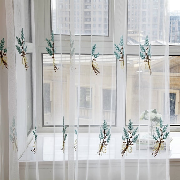 Floral Blue Sheer Curtains Flower Print Vine Embroidery Bedroom Curtain Rod Pocket Voile Window Curtains for Living Room, 40 x 80 inches Long, Blue, 2 Panels