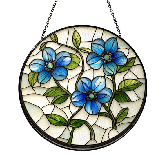 Floral Blue Stained Glass Round Panel, Bright Garden Style Window Decoration