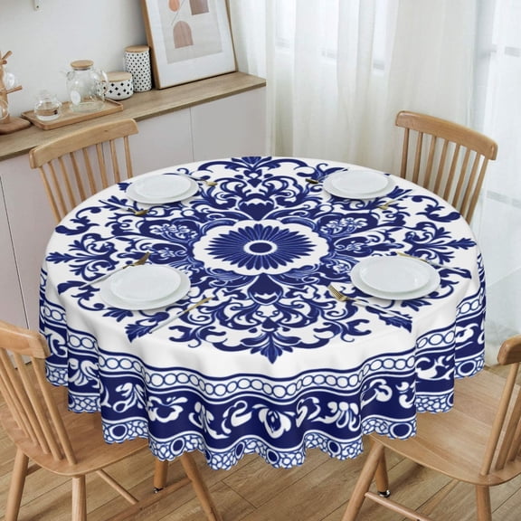 Floral Blue White Circle Round Tablecloth Waterproof Oil-Proof Plastic Table Cloth Stain-Resistant Wipeable 60" for Camping, Dining, Indoor and Outdoor