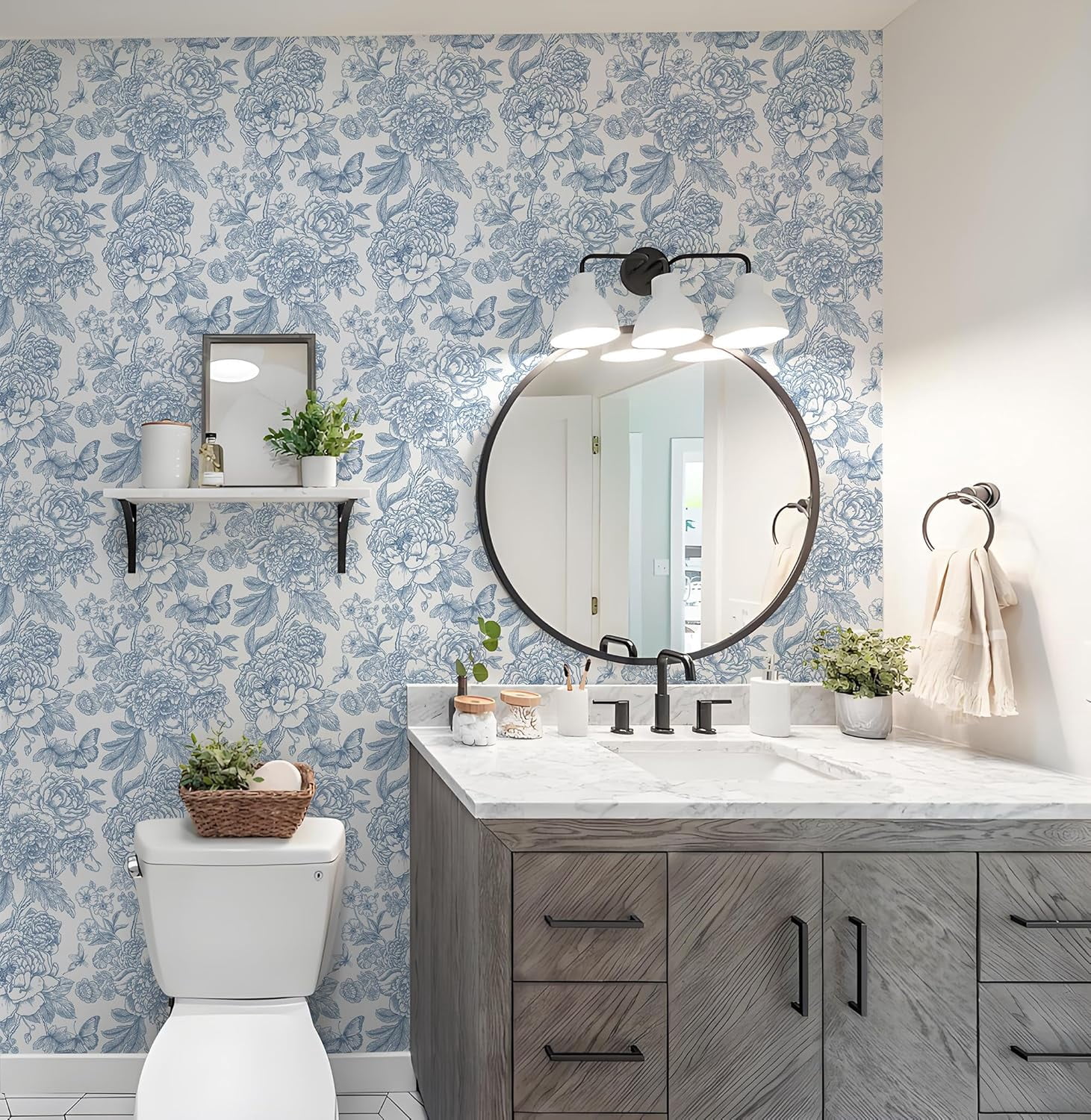 Floral Blue and White Peel and Stick Wallpaper for Bathroom - Removable ...