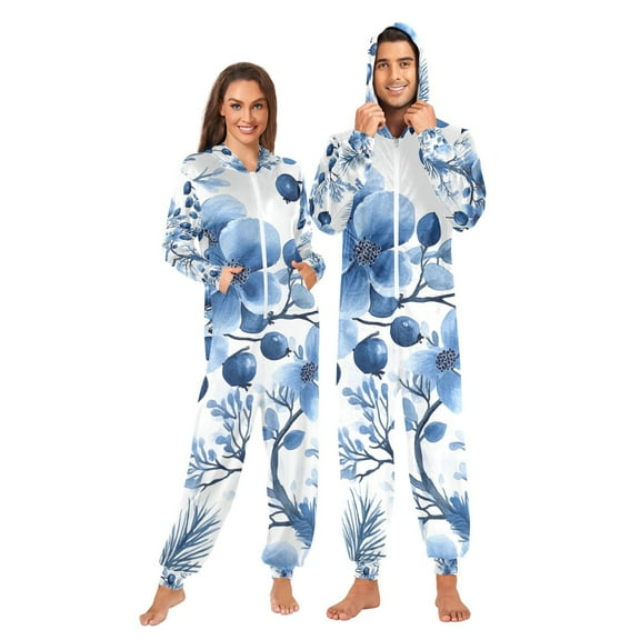 Floral Blueberries Flowers Adult Onesie Pajamas Slim Fit Christmas One Piece Suit Pjs for Women and Men Hooded Zipper