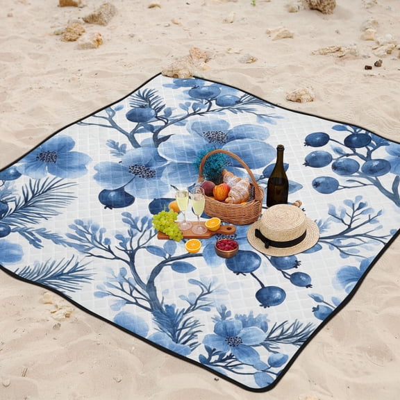 Floral Blueberries Flowers Beach Blanket Outdoor Picnic Mat Sandproof Waterproof Foldable for Camping Travel Hiking