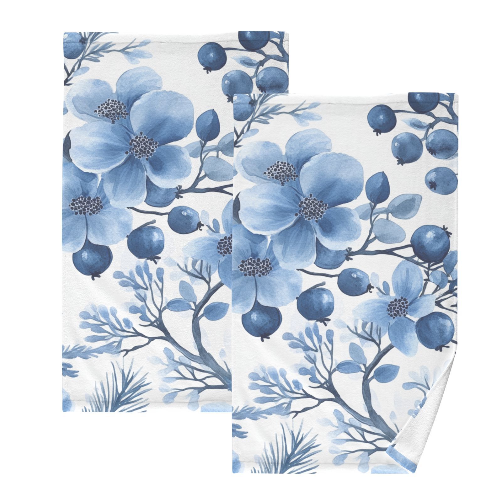 Floral Blueberries Flowers Hand Towels Cotton Bath Towels Large Face Towels Absorbent for Bathroom 2 Packs