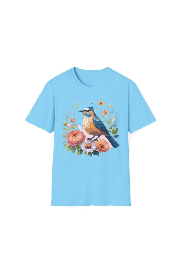 Floral Bluebird T-Shirt Unisex Cotton Short Sleeves Tee Shirt with Bird 3