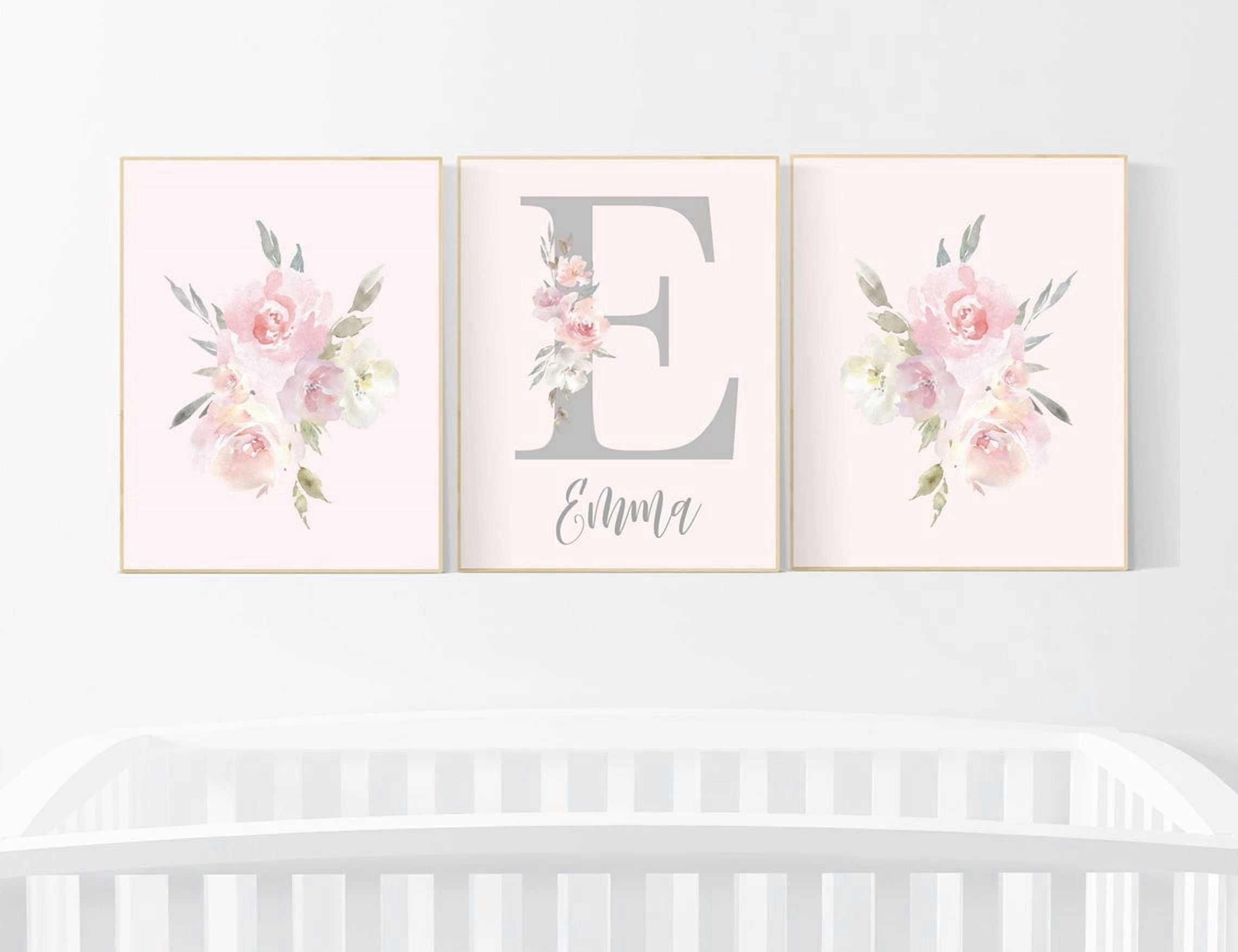 Floral Blush Pink Flower Nursery Wall Art Prints, Girl Name Initial ...
