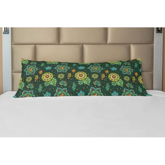 Floral Body Pillow Case Cover with Zipper, Colorful Flower Arrangement Fantasy Hand Drawn Dotted Detailed Modern, Decorative Accent Long Pillowcase, Multicolor, by Ambesonne