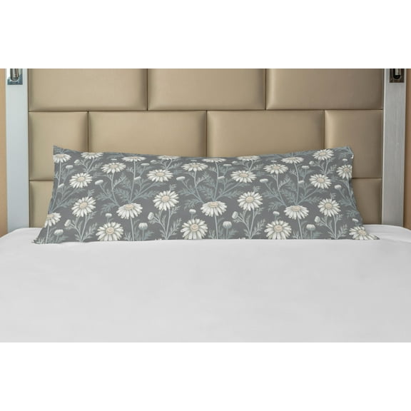 Floral Body Pillow Case Cover with Zipper, Cottage Daisy Petals Field Summer Gardening Theme Chamomile Flourish, Decorative Accent Long Pillowcase, Grey Coconut Sage Green, by Ambesonne