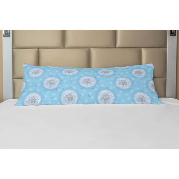 Floral Body Pillow Case Cover with Zipper, Dandelion Petals Flying Fluffy Soft Flora in Pastel Tones Spring Romantic Design, Decorative Accent Long Pillowcase, Sky Blue White, by Ambesonne