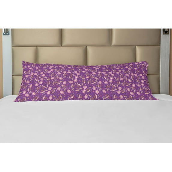 Floral Body Pillow Case Cover with Zipper, Flourishing Nature with Blooming Petals and Leaves Romantic Design, Decorative Accent Long Pillowcase, Pale Pink Marigold, by Ambesonne