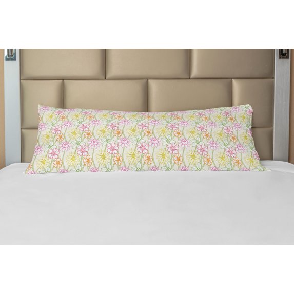 Floral Body Pillow Case Cover with Zipper, Hand Drawn Colorful Flourishing Spring Flowers Sketchy Design Natural Garden Theme, Decorative Accent Long Pillowcase, Multicolor, by Ambesonne