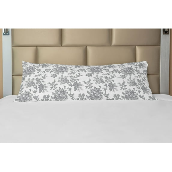 Floral Body Pillow Case Cover with Zipper, Monochrome Petals Traditional Nature Influences Essence Artwork Print, Decorative Accent Long Pillowcase, Dimgray, by Ambesonne