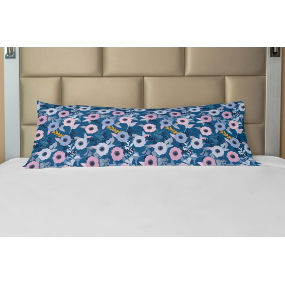 Floral Body Pillow Case Cover with Zipper, Pastel Colored Blooming Flowers and Leaves on a Blue Background Modern Art Design, Decorative Accent Long Pillowcase, Multicolor, by Ambesonne