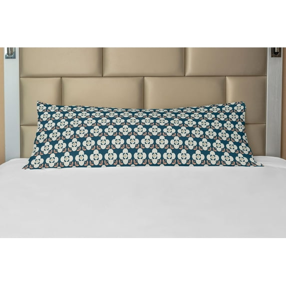 Floral Body Pillow Case Cover with Zipper, Simplistic 4 Petal Flowers with Leafy Stems in Symmetrical Order, Decorative Accent Long Pillowcase, Petrol Blue Eggshell, by Ambesonne