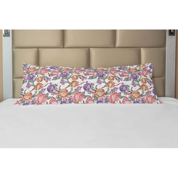 Floral Body Pillow Case Cover with Zipper, Vintage Colorful Flowers and Curls on White Background Romantic Spring Pattern Print, Decorative Accent Long Pillowcase, Multicolor, by Ambesonne