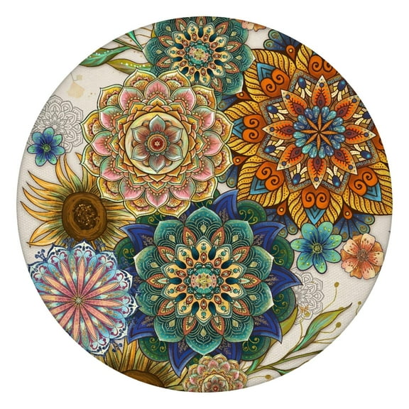 Floral Bohemian Elastic Tablecloth for Round Tables, 44 Inch Fits 38"-42", Liquid Resistant Surface for Family Dinners and Events