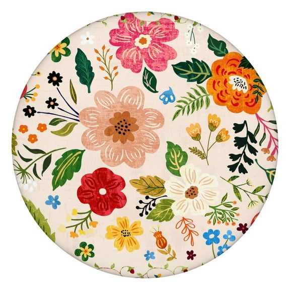 Floral Bohemian Print Round Tablecloth with Elastic Hem, 44 Inch Stretch Fit for Indoor Outdoor Dining & Party Decor