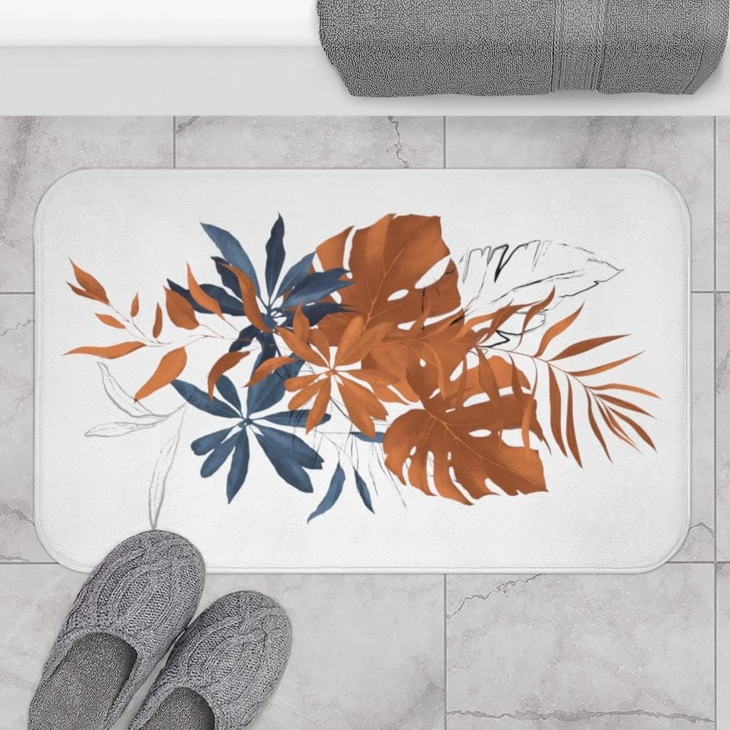 Floral Boho Bath Mat and Rug Navy Blue Rust Burnt Orange Monstera ...