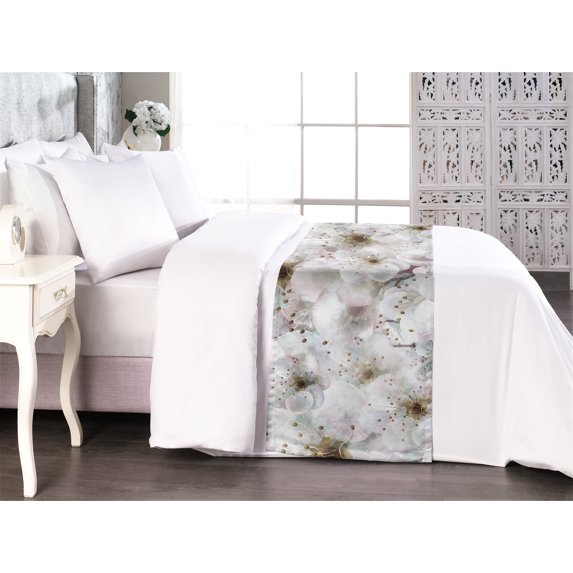 Floral Boho Bed Runner, Dreamy Composition of Garden Scene Blooms with Soft Color Petals, Decorative Accent Bedding Scarf for Hotels Homes & Guest Rooms, King, Green Brown Pale Eggshell, by Ambesonne