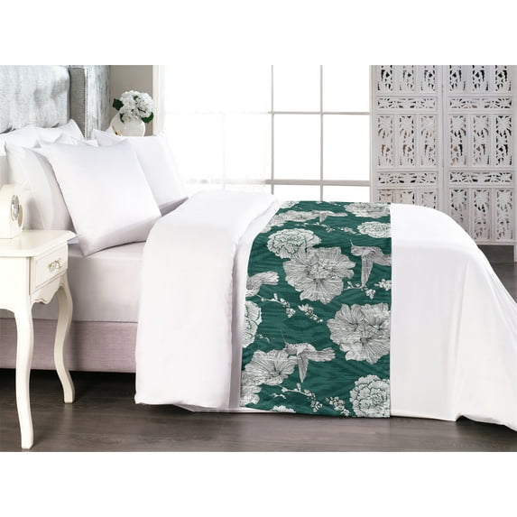 Floral Boho Bed Runner, Neutral Peony Illustration with Hummingbird Sketches Ethnic Design, Decorative Accent Bedding Scarf for Hotels Homes & Guest Rooms, King, Jade Green and Ivory, by Ambesonne