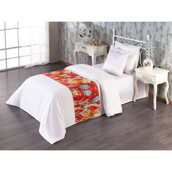 Floral Boho Bed Runner, Oil Painting Look Blooming Roses Illustration with Warm Colors Print, Decorative Accent Bedding Scarf for Hotels Homes & Guest Rooms, Twin, Vermilion and Seafoam, by Ambesonne