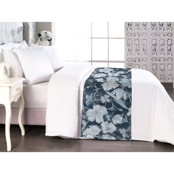 Floral Boho Bed Runner, Vintage Brush Design Flowers Retro with Innocent Petals Dreamy Print, Decorative Accent Bedding Scarf for Hotels Homes & Guest Rooms, King, Slate Blue Soft Blue, by Ambesonne