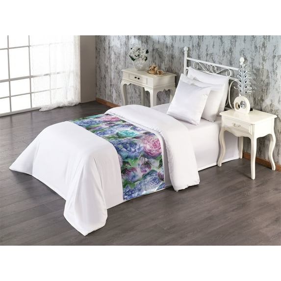 Floral Boho Bed Runner, Watercolor Illustration of Blooming Flowers Jungle Themed Print, Decorative Accent Bedding Scarf for Hotels Homes & Guest Rooms, Twin, Lavender Blue Pale Lilac, by Ambesonne