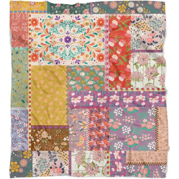 Floral Boho Blanket 50x60inch, Flannel Blanket Soft and Comfortable, Boho Patchwork Plaid Gift Blanket for Adult Kids Teen Girls, Boho Blanket for Nap Bed Sofa Chair Home Decor