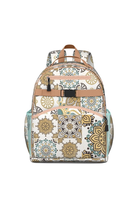 Floral Boho Chic Students School Bag Colorful Retro Hippie Backpack with Ethnic Tribal Aesthetic Style, Ideal for Travel
