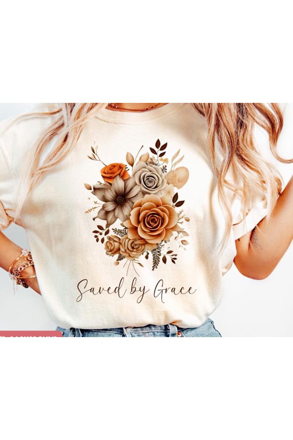 Floral Boho Christian T-Shirt Saved By Grace Religious Inspirational Top Jesus Faith T-Shirt