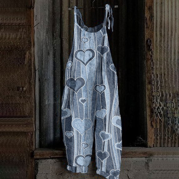 Floral Boho Cotton Linen Summer Overalls for Women 2025 Hippie Jumpsuit Print Spaghetti Strap Rompers Gray S