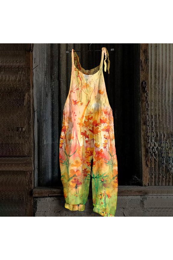 Floral Boho Cotton Linen Summer Overalls for Women 2025 Hippie Jumpsuit Print Spaghetti Strap Rompers Orange L