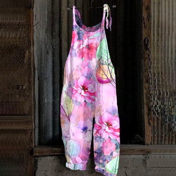 Floral Boho Cotton Linen Summer Overalls for Women Hippie Jumpsuit Print Spaghetti Strap Rompers Pink 2XL