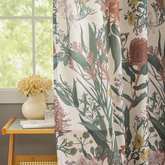 Floral Boho Curtains 84 Inches Length Protea Flower Print Linen Texture Window Drapes for Patio Door Tribal Exotic Romantic Retro Window Treatments Grommet 2 Panels W50 x L84 Coral &Green