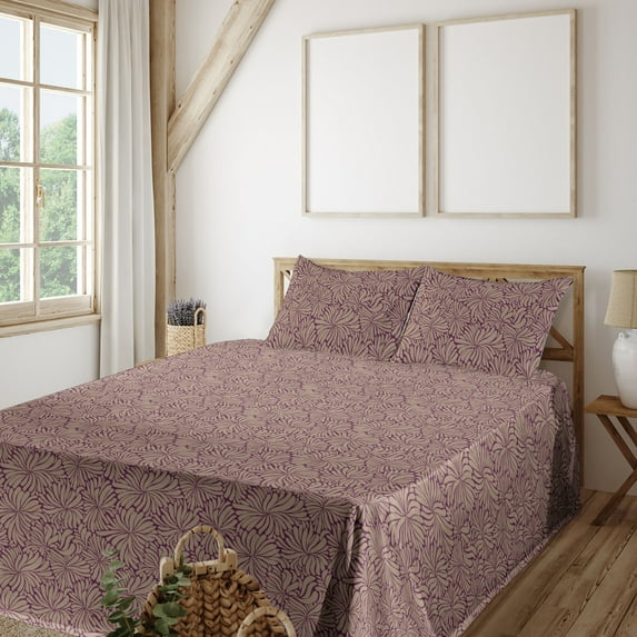 Ambesonne Floral Boho Design Fitted & Flat Sheet with Shams 4 Pcs Set, Autumnal Botany, Full, Dark Tan Purple