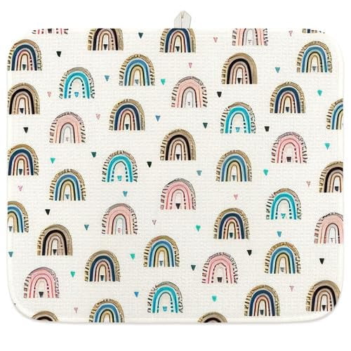 Floral Boho Dish Drying Mat 18x24 Inch Colorful Arch Stripe Washable Microfiber Kitchen Counter Pad Reversible Drying Mat for Dishes Home Decor