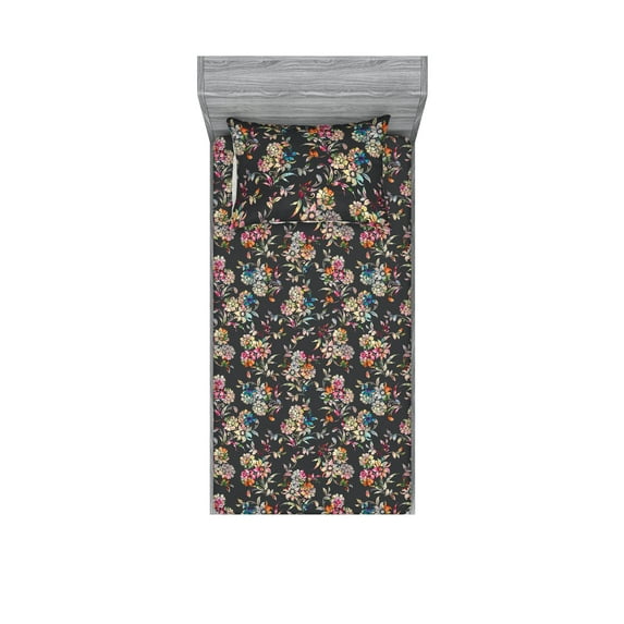 Floral Boho Fitted Sheet & Pillow Sham Set, Colorful Design Blooming Flowers Pattern with Peduncles of Spring, Decorative Printed 2 Piece Bedding Decor, Twinxl, Dark Taupe Multicolor, by Ambesonne